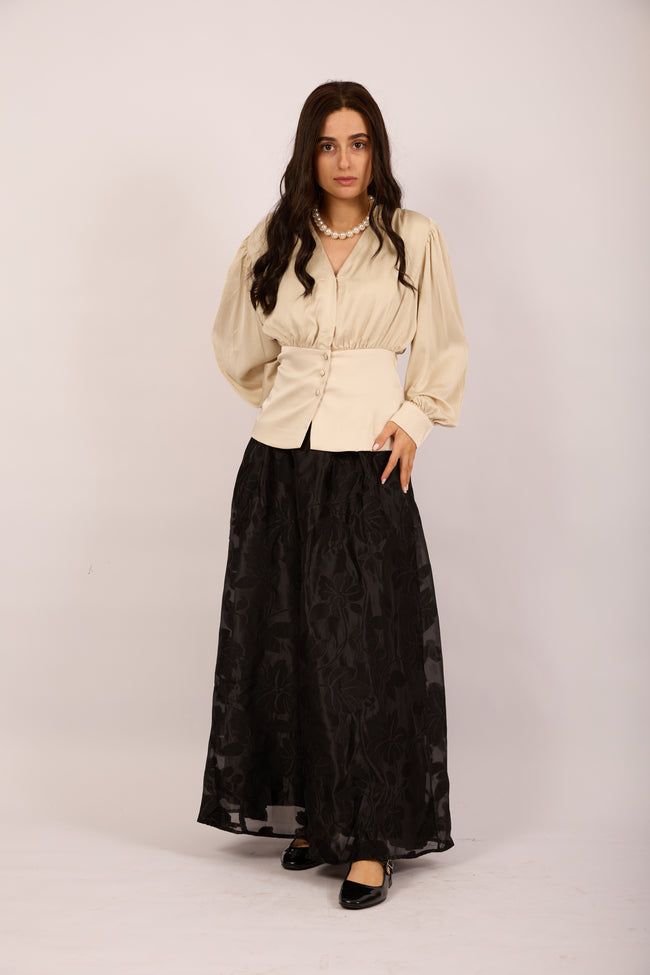Amanda Satin Blouse with Puff Sleeves – Champagne Beige