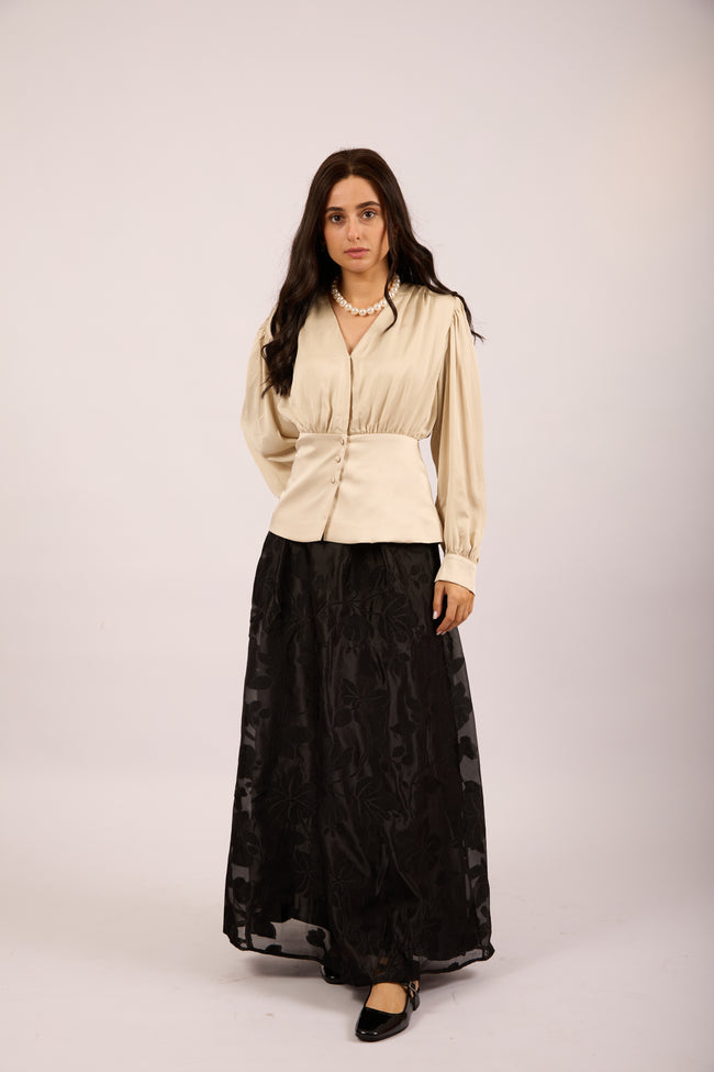 Amanda Satin Blouse with Puff Sleeves – Champagne Beige