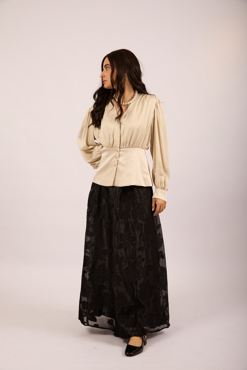 Amanda Satin Blouse with Puff Sleeves – Champagne Beige