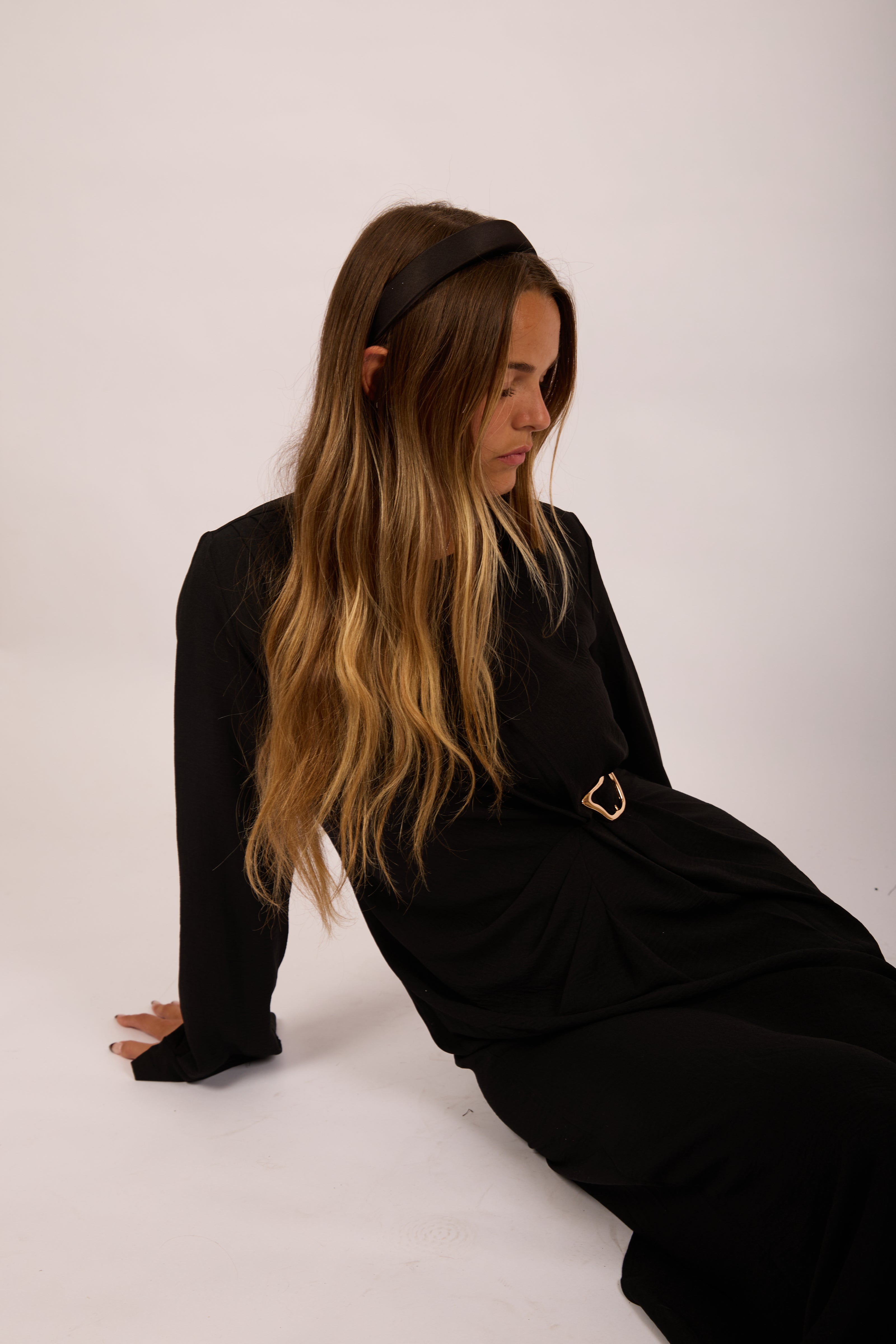 Jasmine Black Maxi Dress with Gold Buckle – Modern Elegance