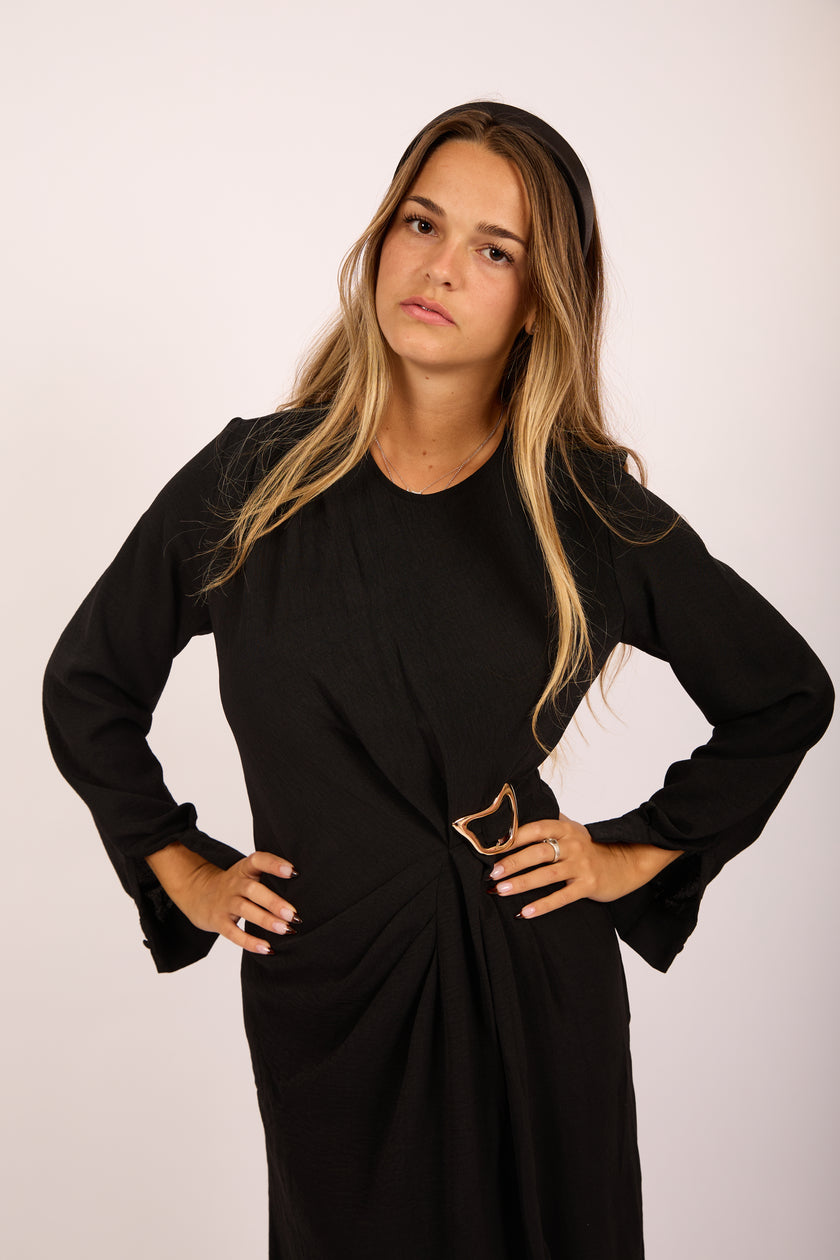 Jasmine Black Maxi Dress with Gold Buckle – Modern Elegance