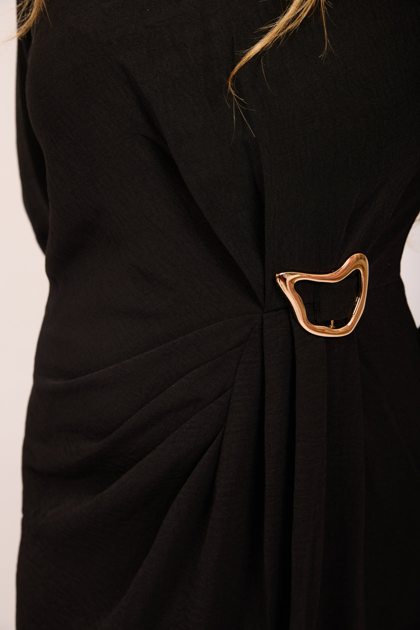 Jasmine Black Maxi Dress with Gold Buckle – Modern Elegance