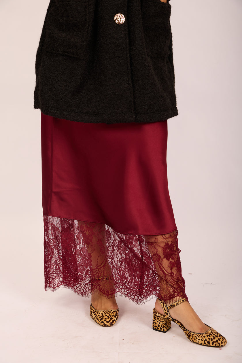 Kate Burgundy Satin Skirt with Lace Hem