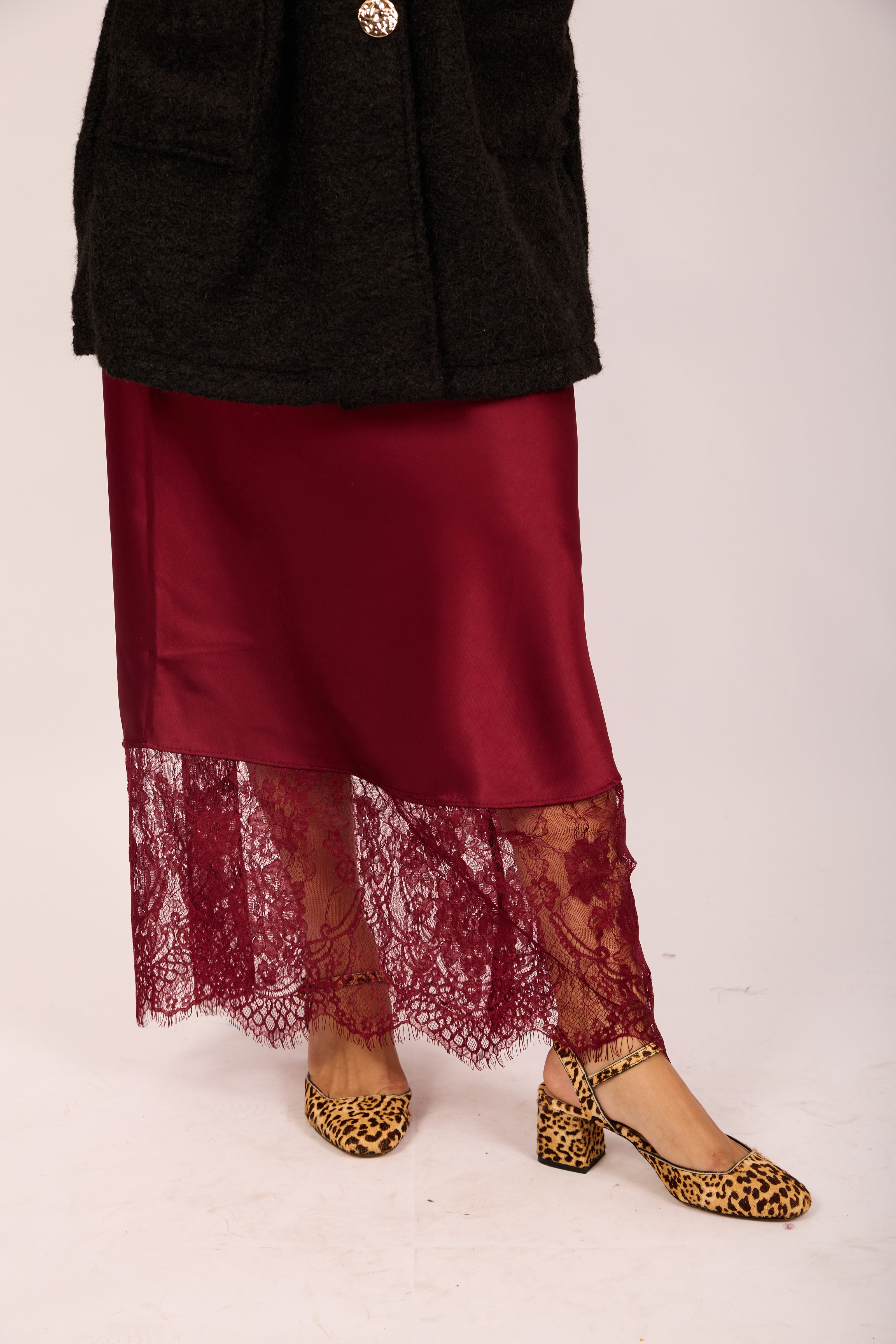 Kate Burgundy Satin Skirt with Lace Hem