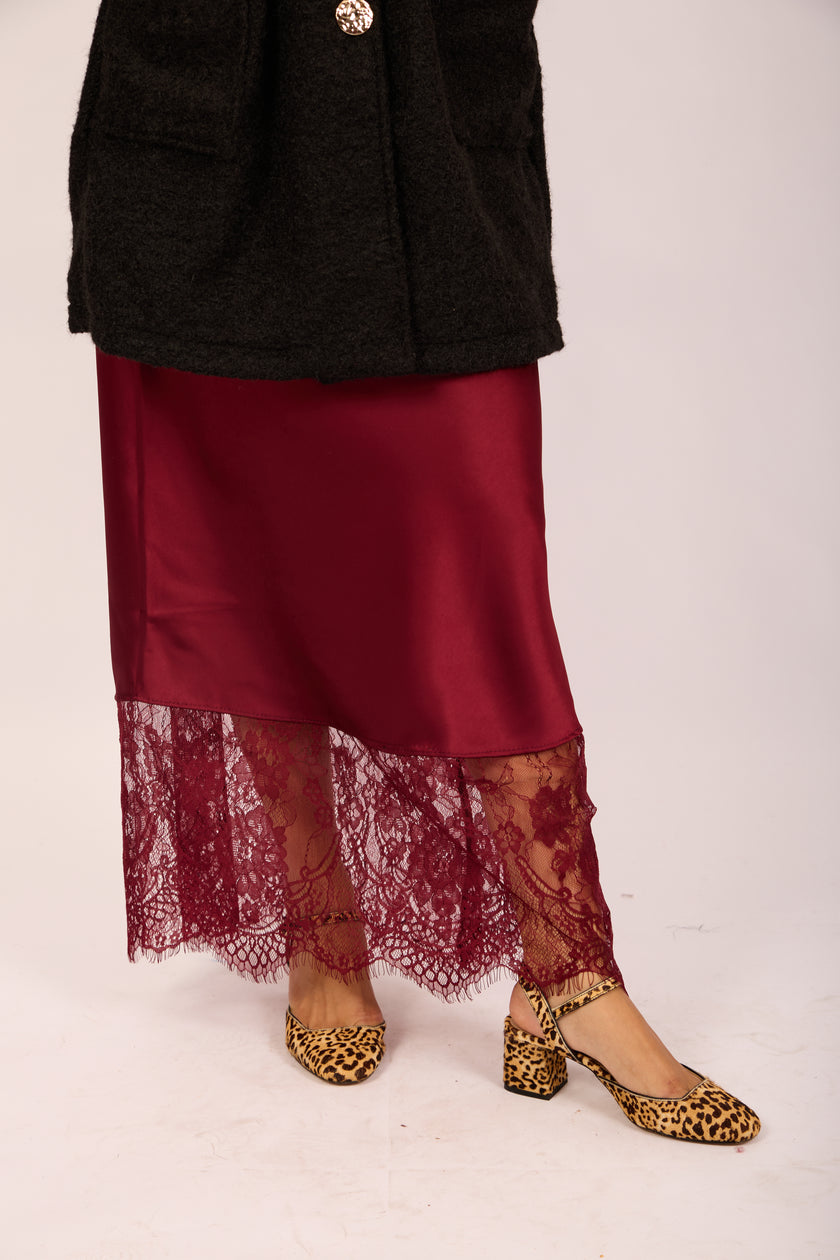 Kate Burgundy Satin Skirt with Lace Hem