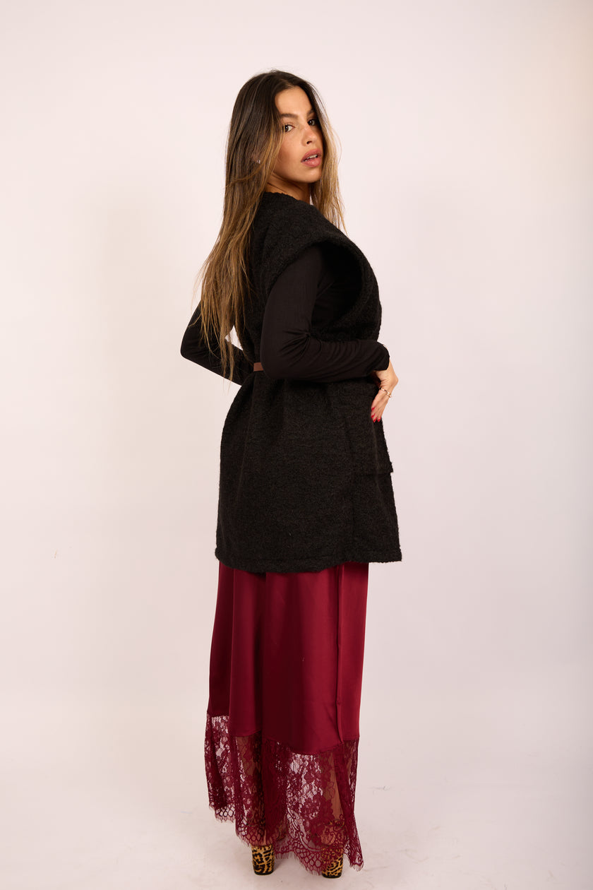 Kate Burgundy Satin Skirt with Lace Hem