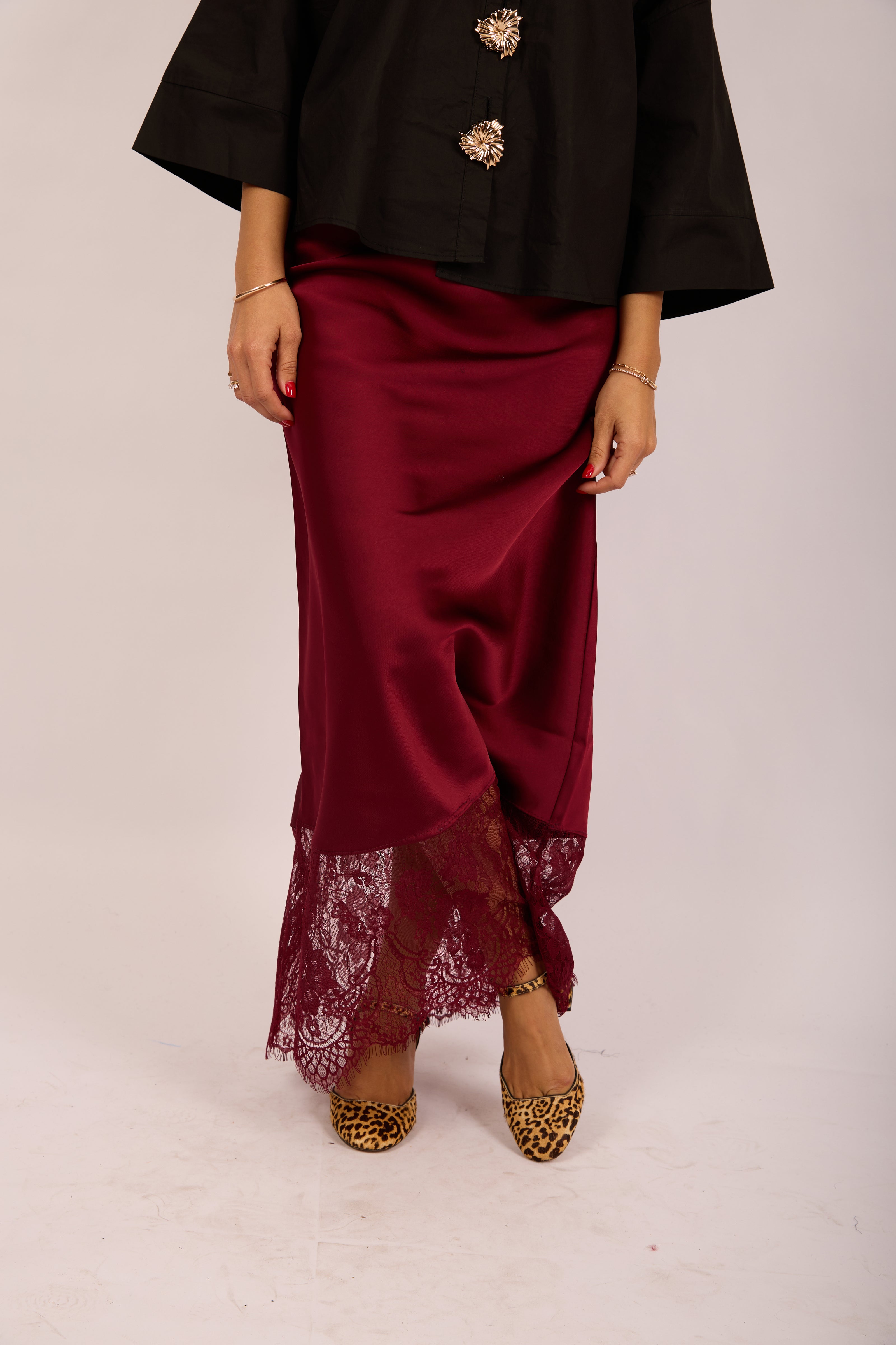 Kate Burgundy Satin Skirt with Lace Hem