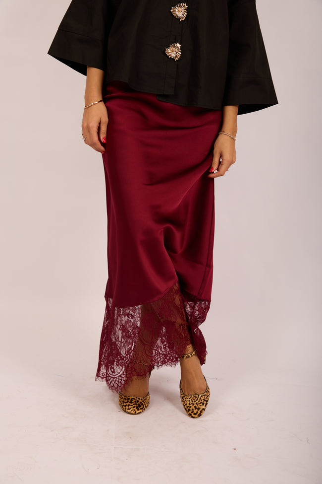 Kate Burgundy Satin Skirt with Lace Hem