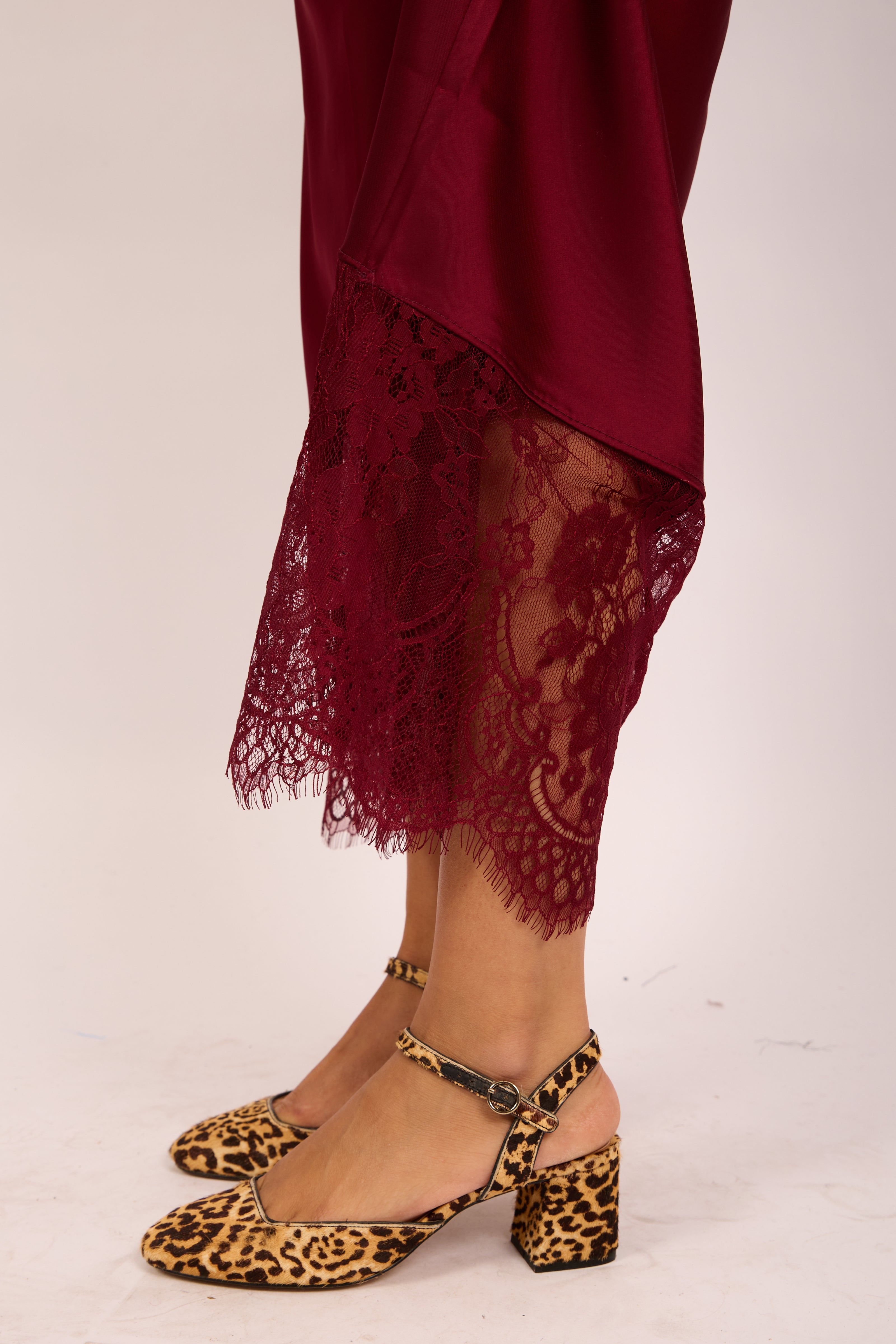 Kate Burgundy Satin Skirt with Lace Hem