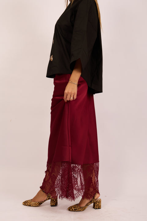 Kate Burgundy Satin Skirt with Lace Hem