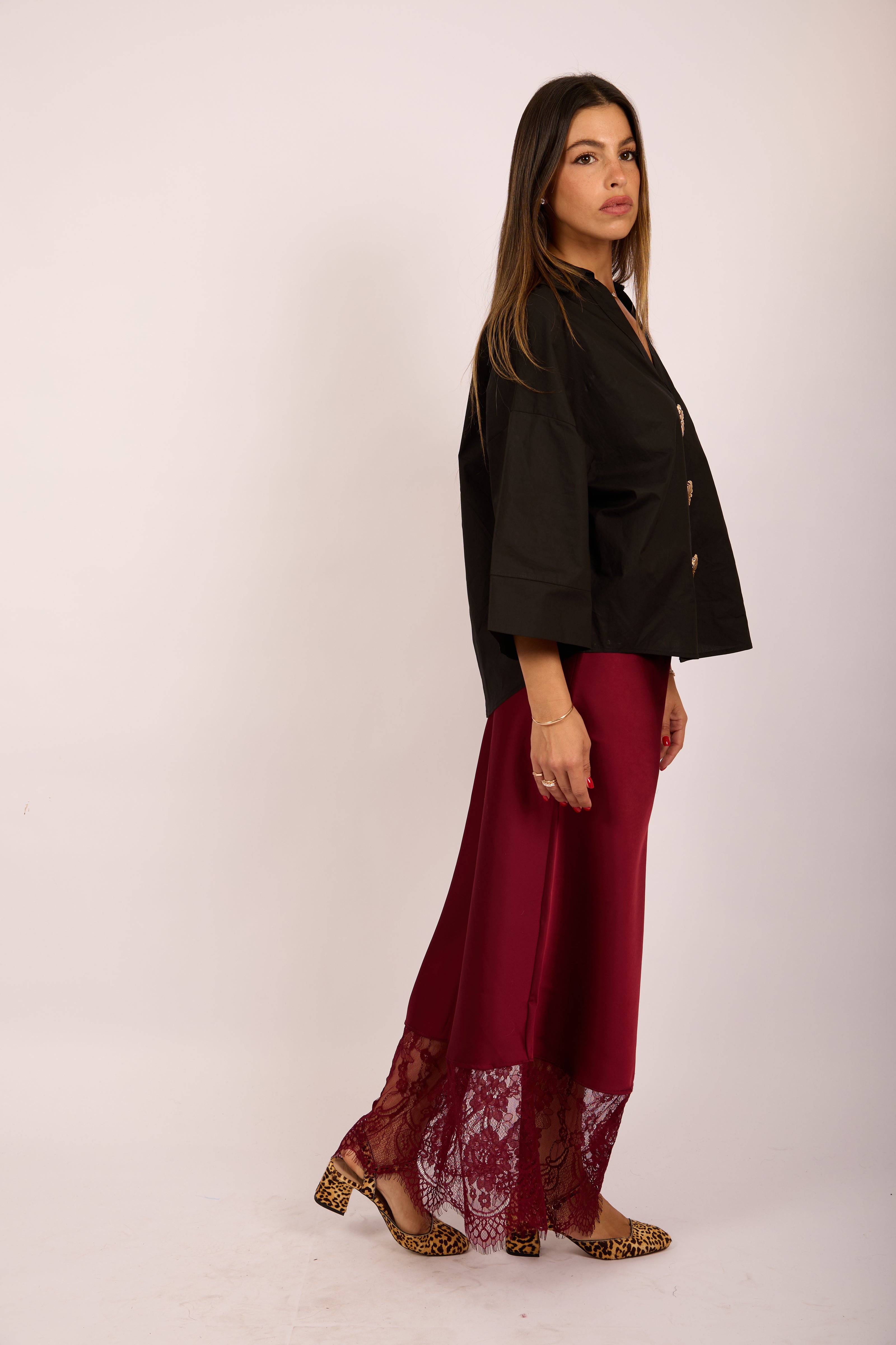 Kate Burgundy Satin Skirt with Lace Hem