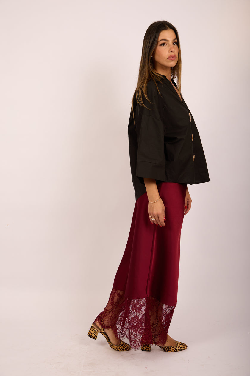 Kate Burgundy Satin Skirt with Lace Hem