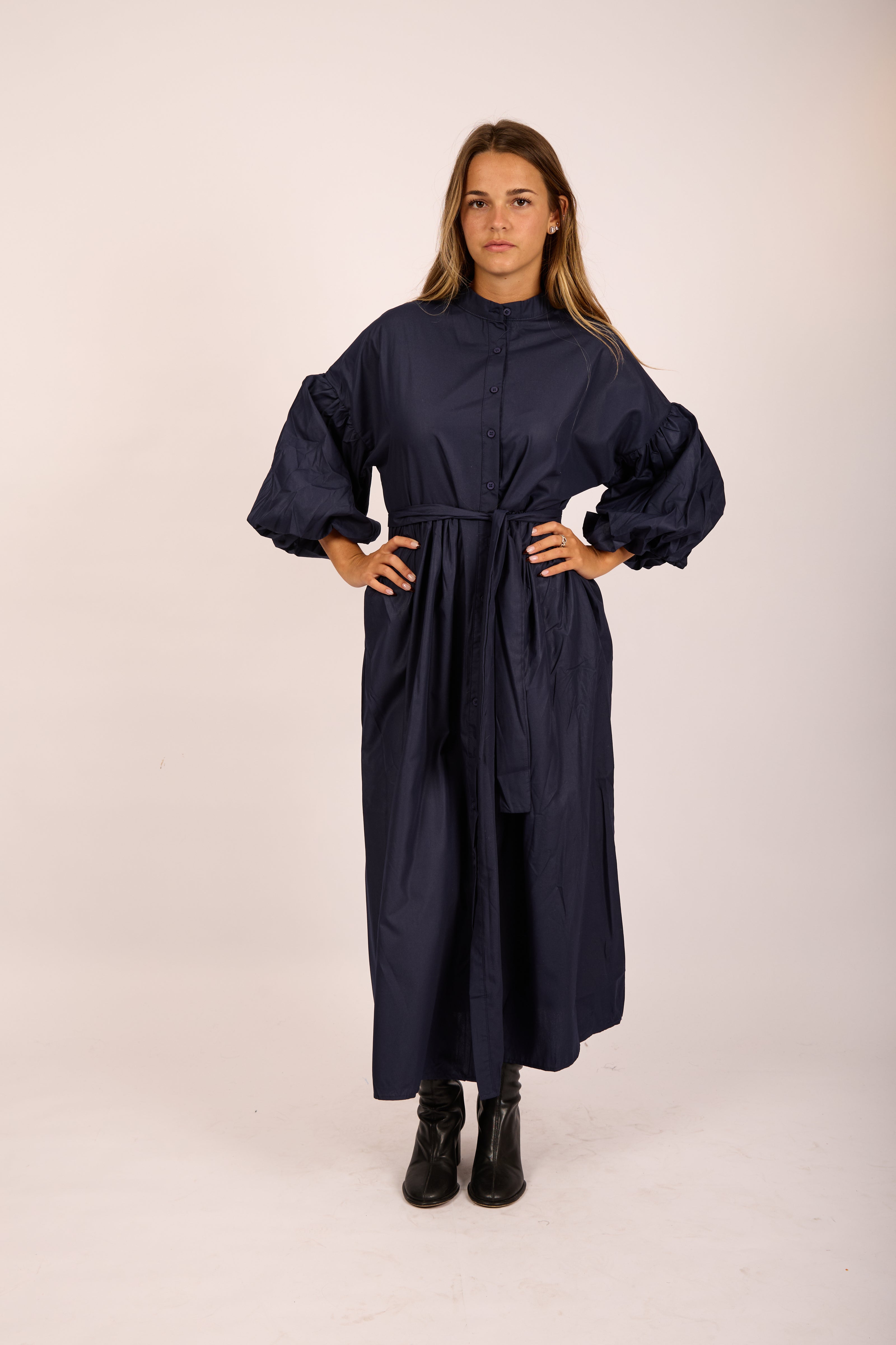 Sally Navy Maxi Shirt Dress with Puff Sleeves