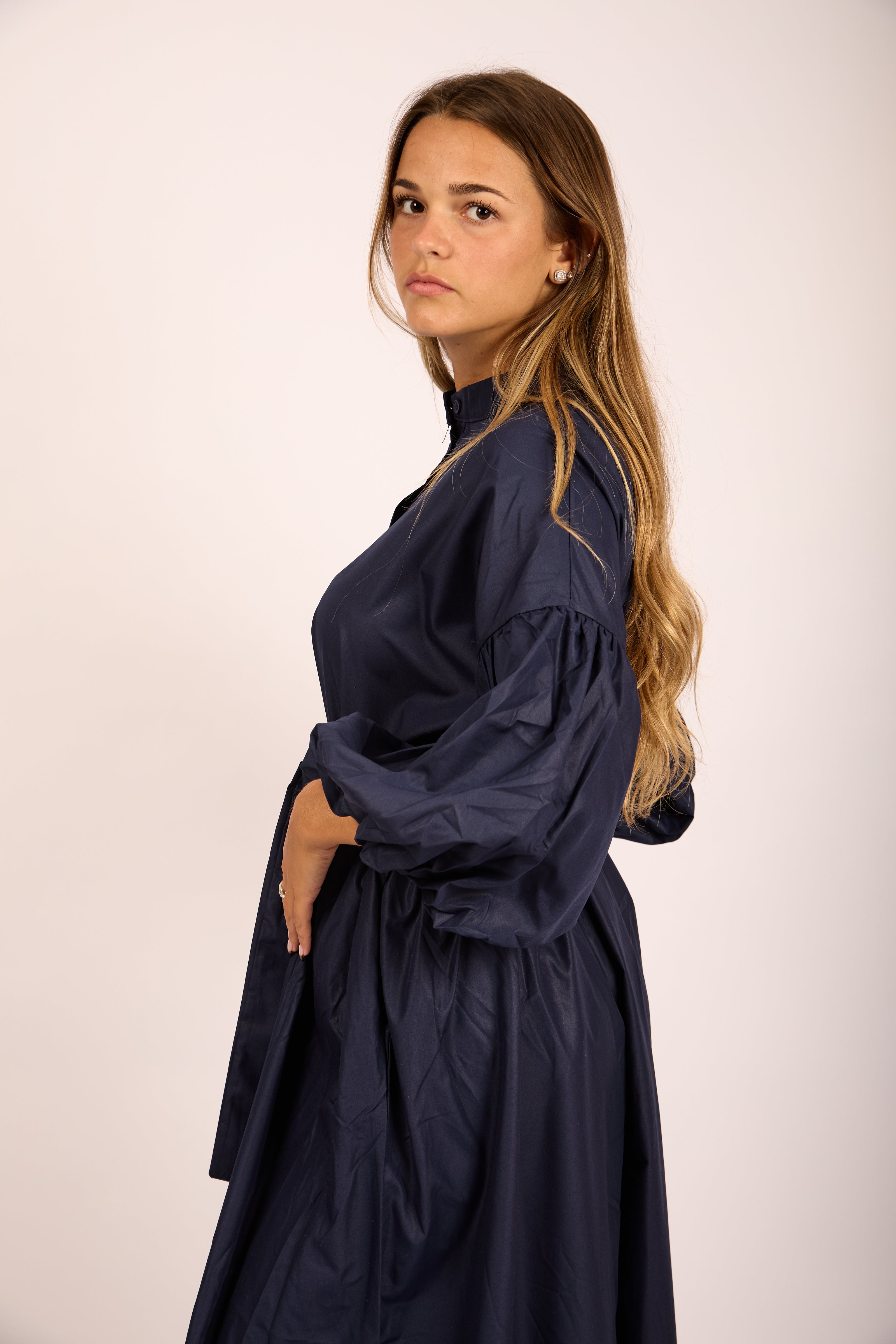 Sally Navy Maxi Shirt Dress with Puff Sleeves