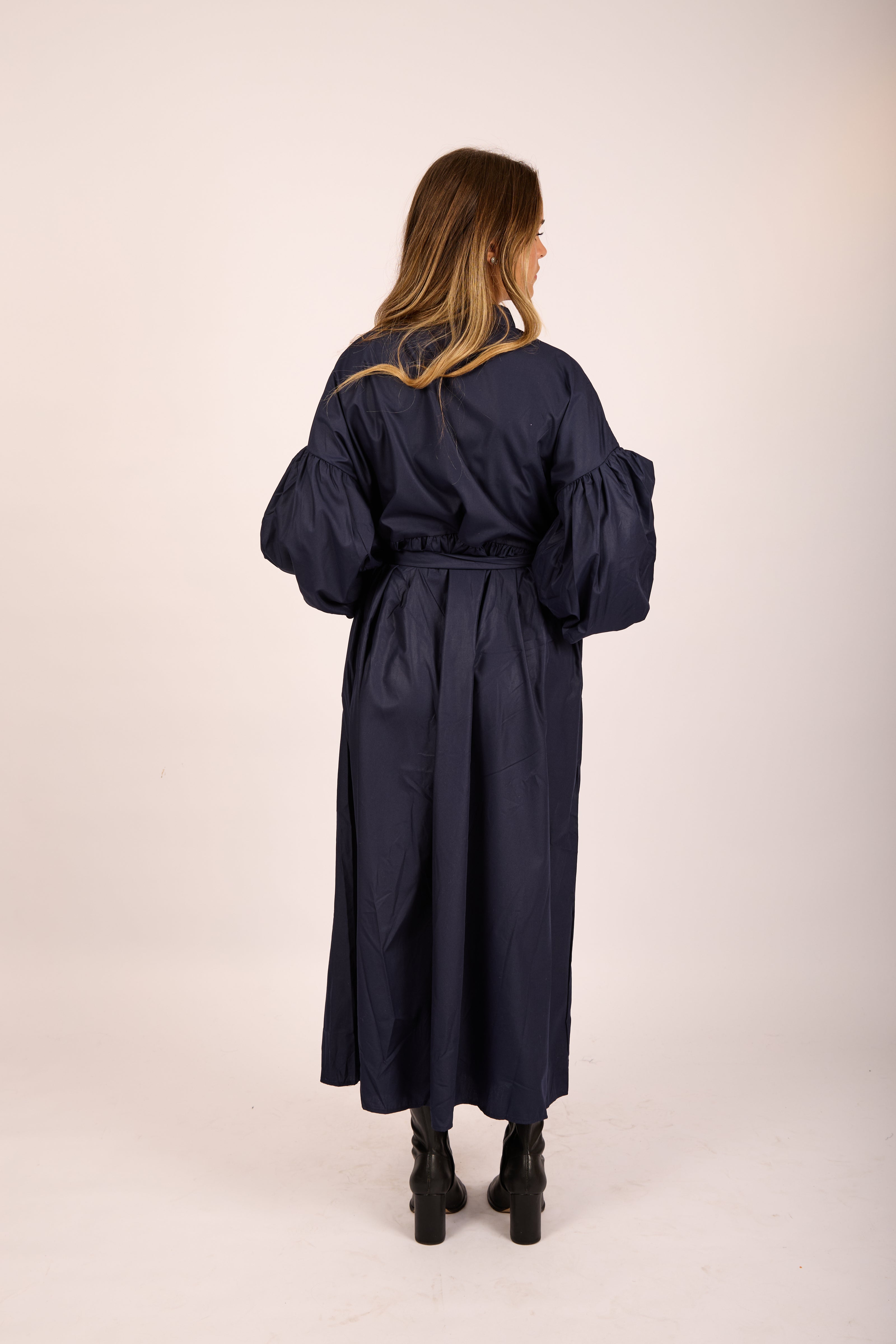 Sally Navy Maxi Shirt Dress with Puff Sleeves