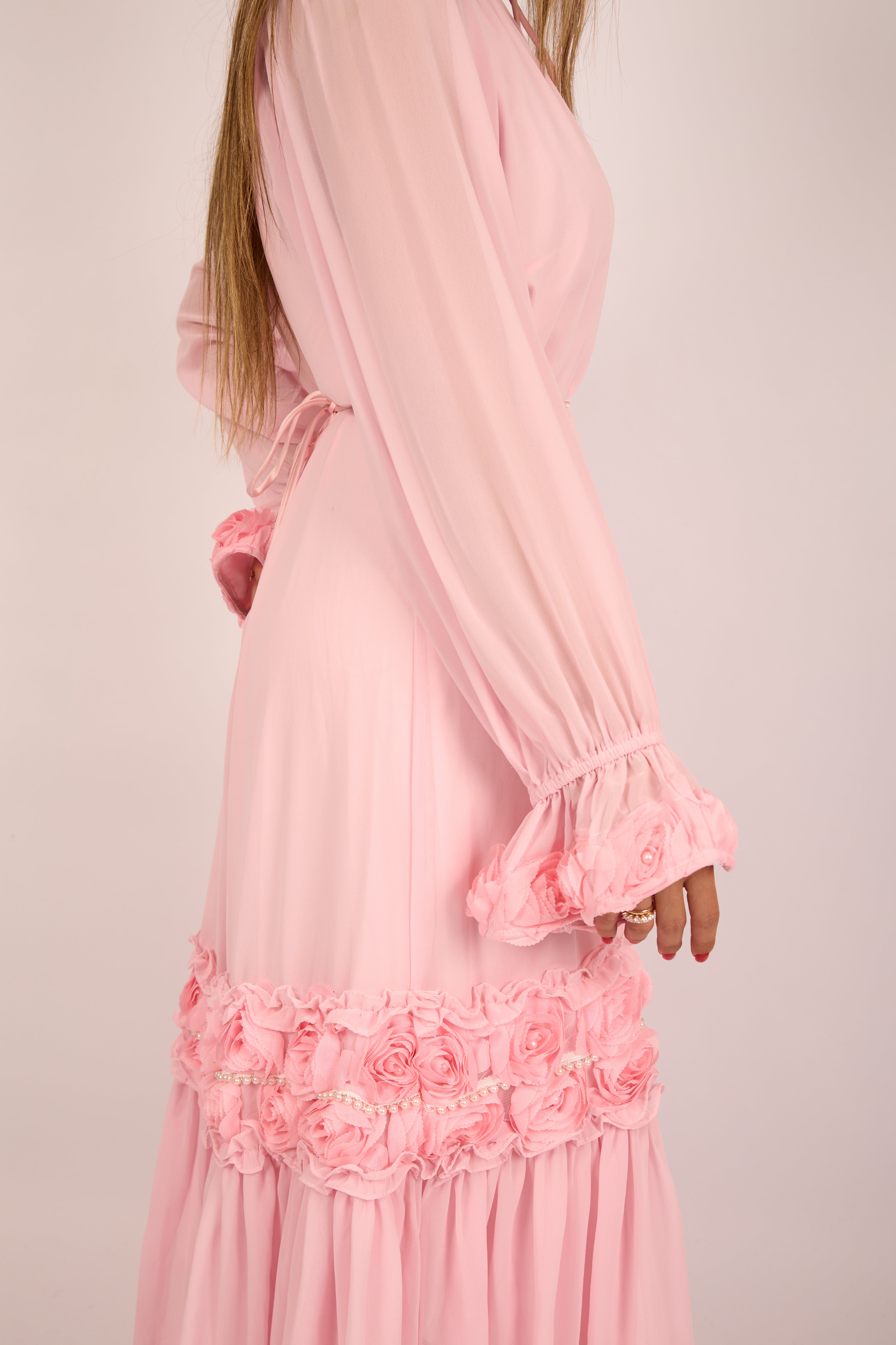 Vicky Long Floral Embellished Dress – Pink/White/Black