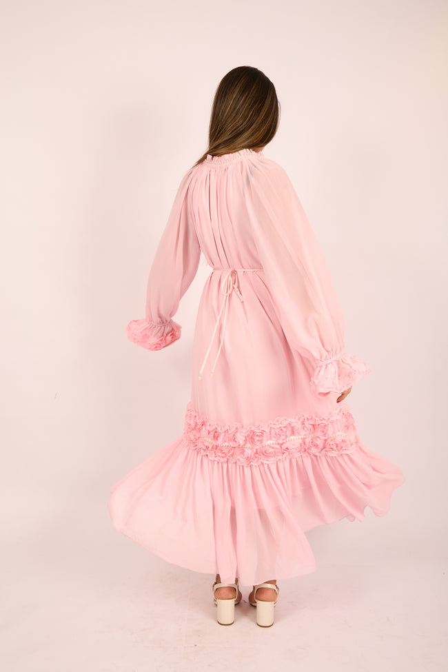 Vicky Long Floral Embellished Dress – Pink/White/Black