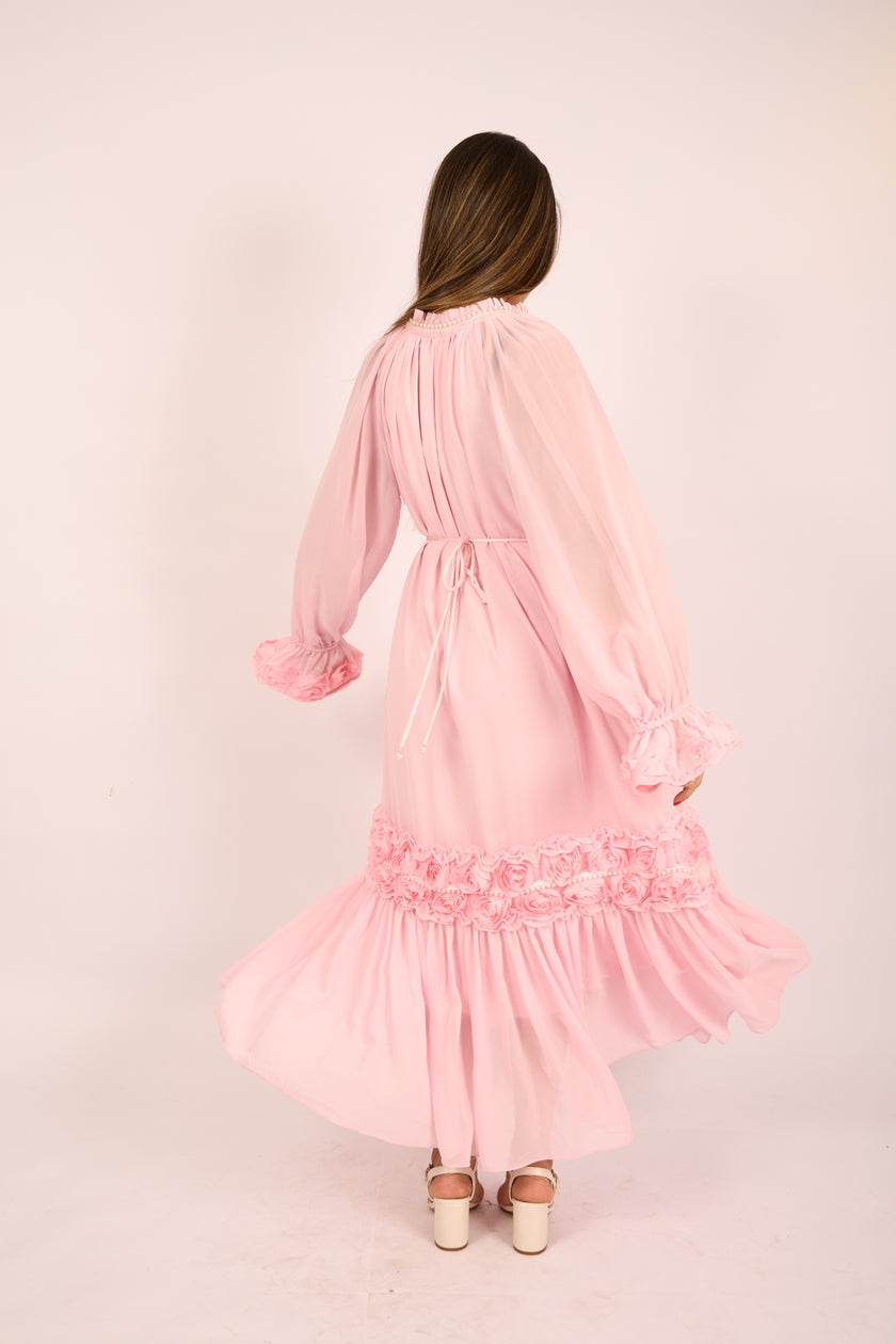 Vicky Long Floral Embellished Dress – Pink/White/Black