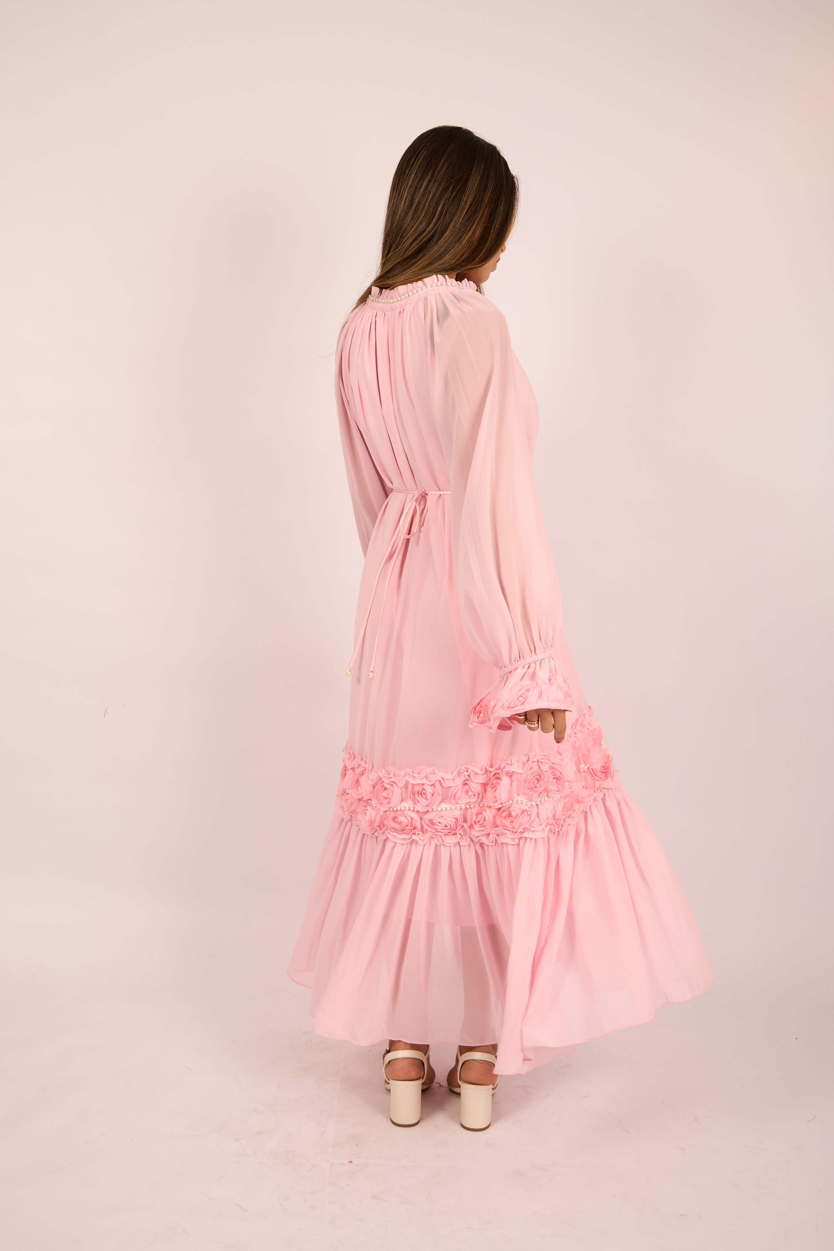 Vicky Long Floral Embellished Dress – Pink/White/Black