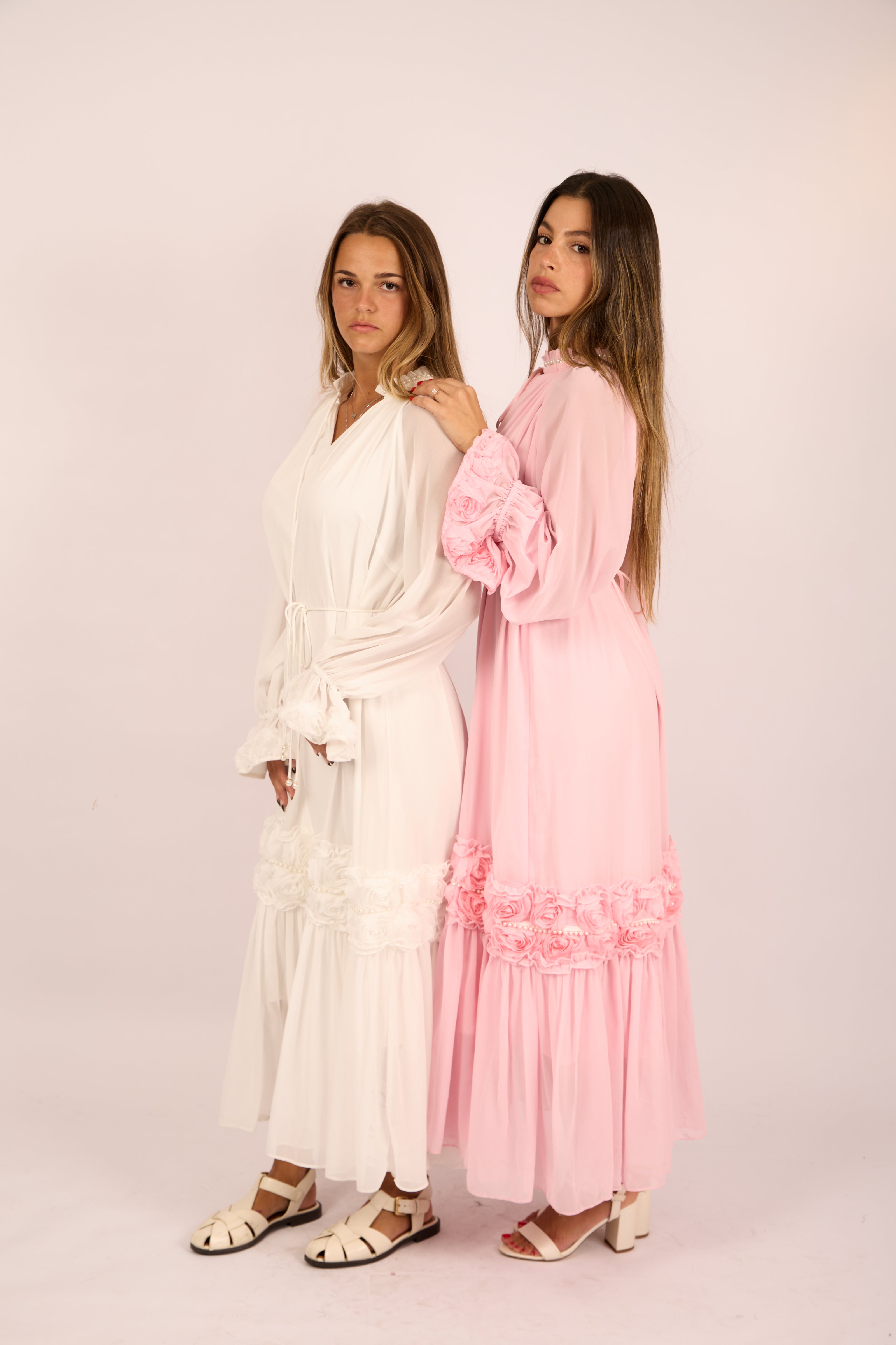 Vicky Long Floral Embellished Dress – Pink/White/Black