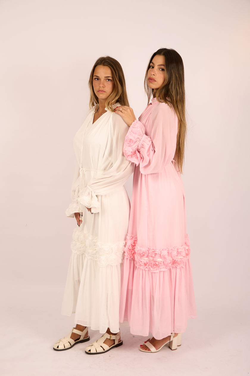 Vicky Long Floral Embellished Dress – Pink/White/Black