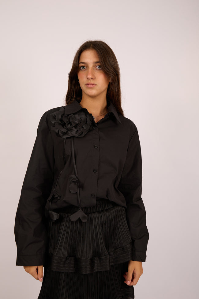 Donna Black Cotton Shirt with Fabric Flower Detail
