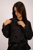 Donna Black Cotton Shirt with Fabric Flower Detail