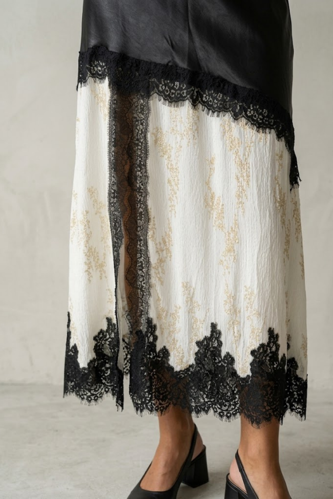 Elena Asymmetric Satin and Lace Midi Skirt