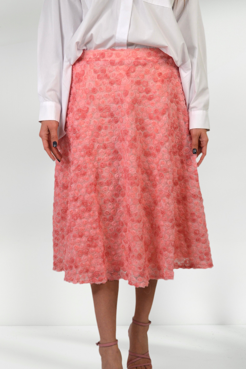 JULIETTA A-LINE TEXTURED FLORAL SKIRT - CORAL PINK
