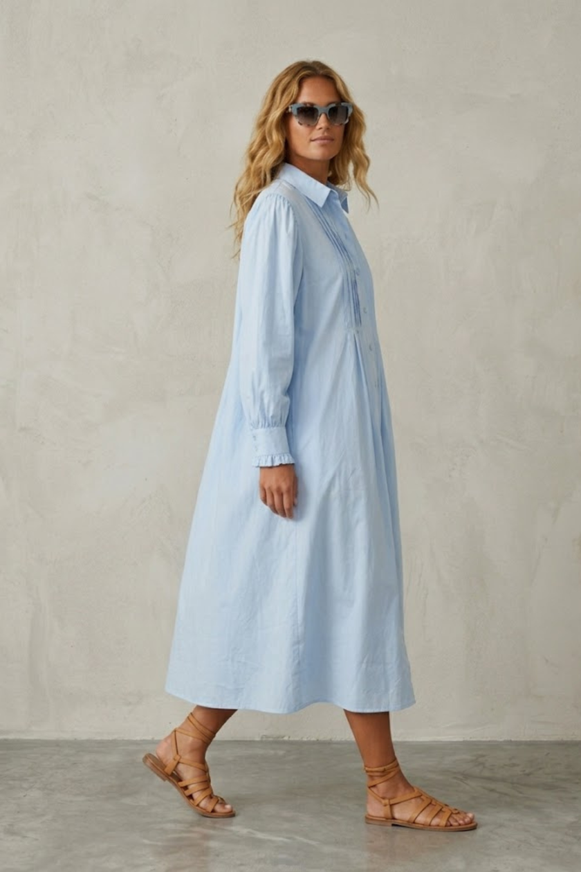 Lena Pleated Cotton Shirt Dress
