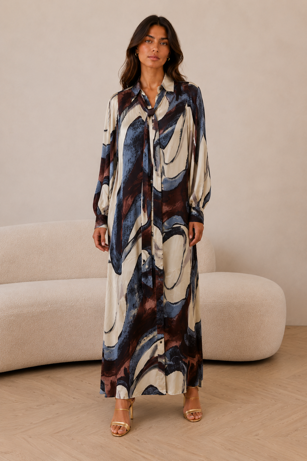Miranda Abstract Print Dress with Lavalliere Neckline