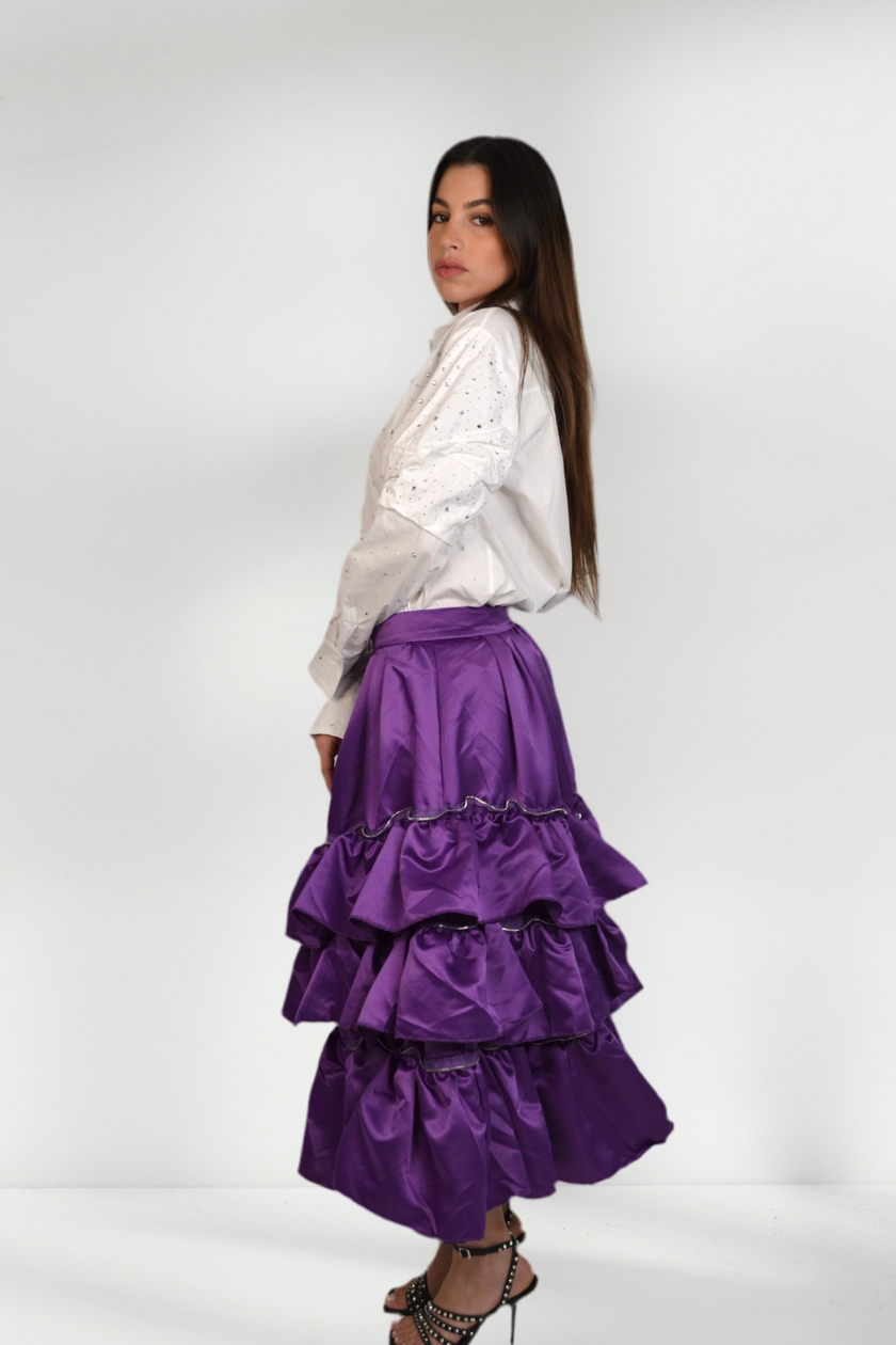 JAMY PURPLE RUFFLE-TIERED TAFFETA MIDI SKIRT