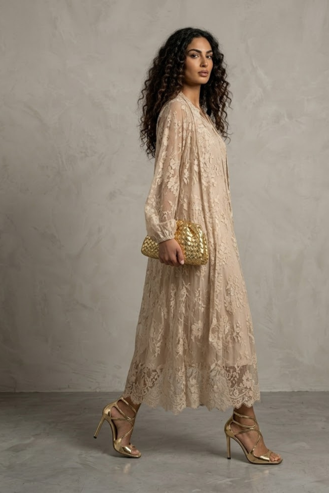 Rinat Beige Floral Lace Maxi Gown