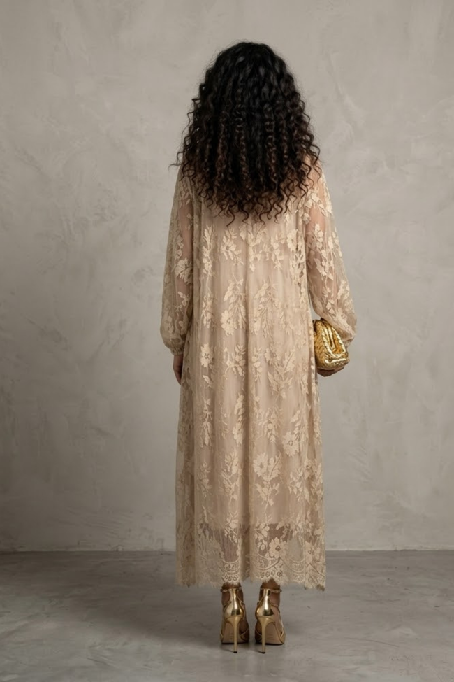 Rinat Beige Floral Lace Maxi Gown