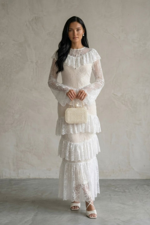 Aminda Tiered White Lace Maxi Dress