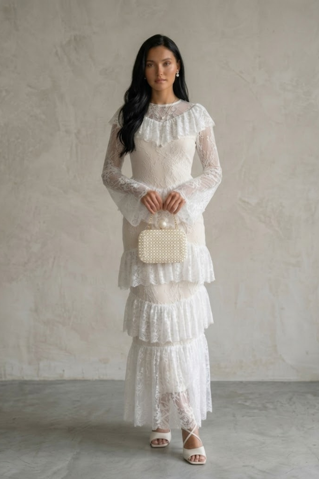 Aminda Tiered White Lace Maxi Dress