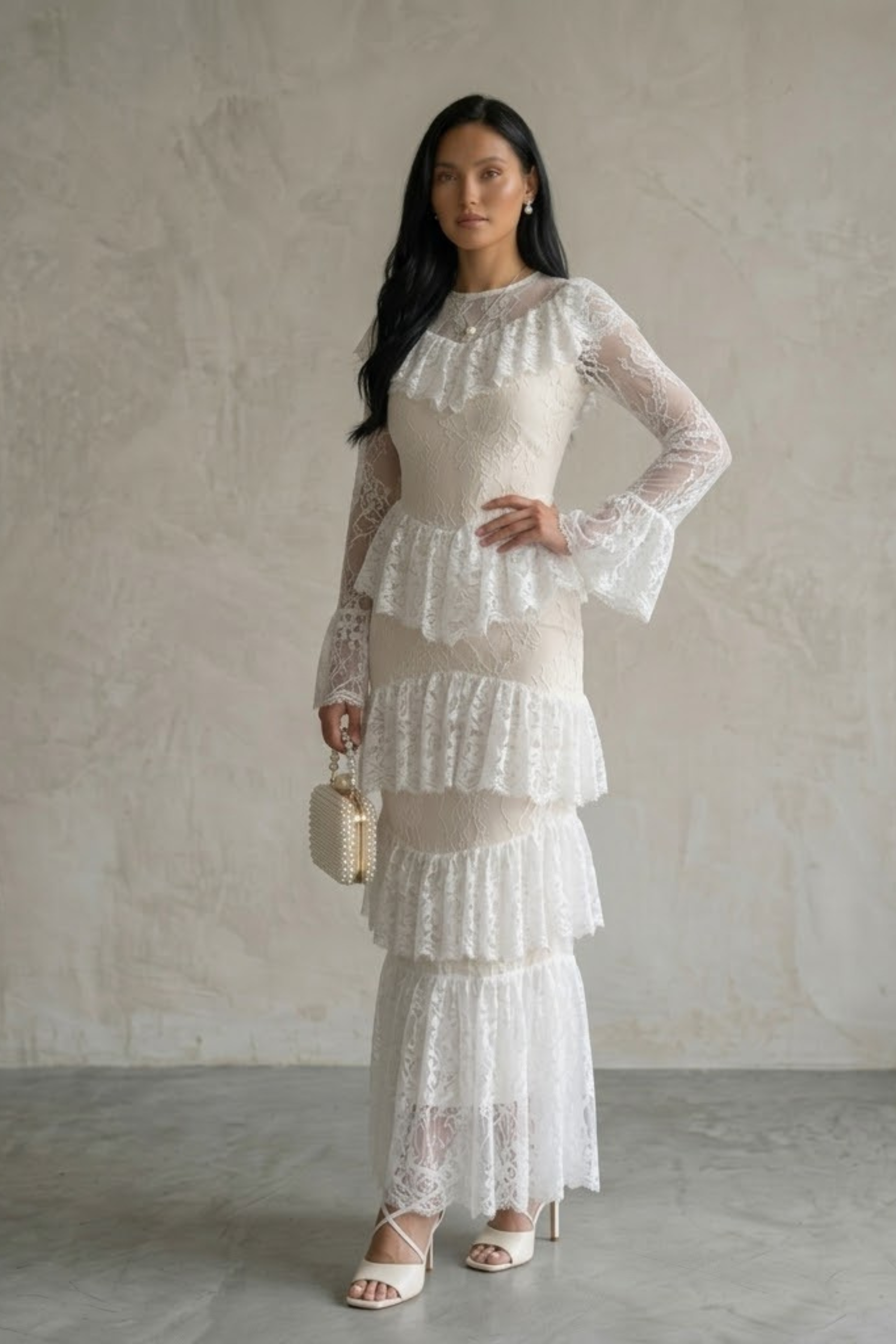 Aminda Tiered White Lace Maxi Dress