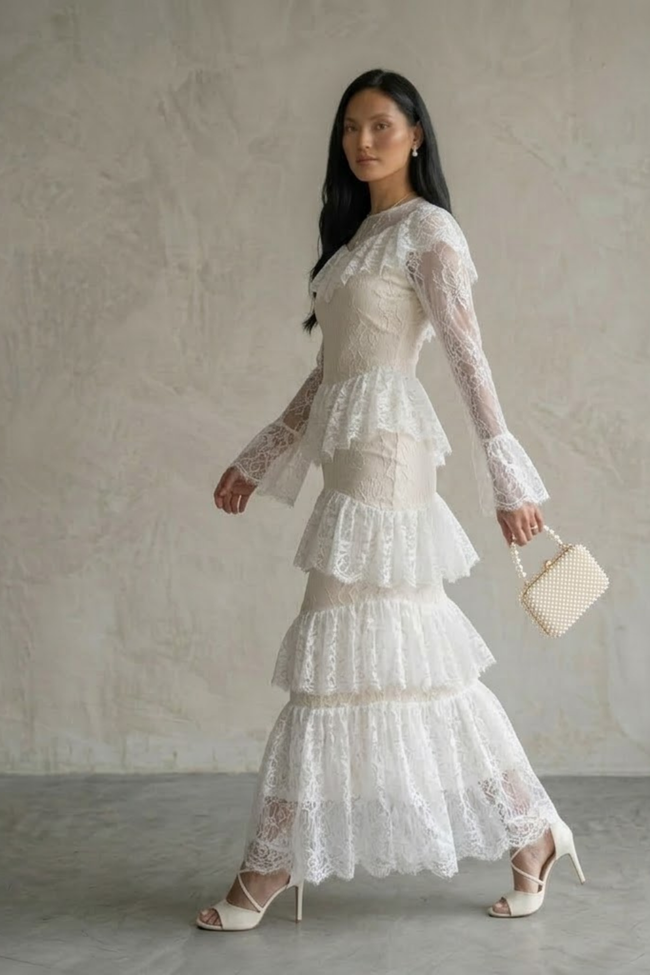 Aminda Tiered White Lace Maxi Dress