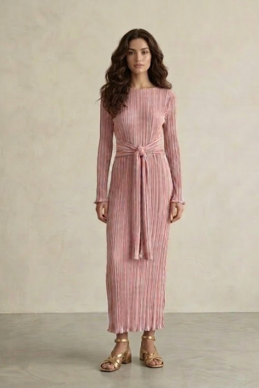 Vaina Pleated Maxi Dress with Tie-Waist