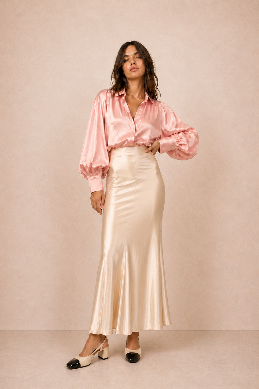 Brenda Satin Maxi Skirt – Champagne Beige