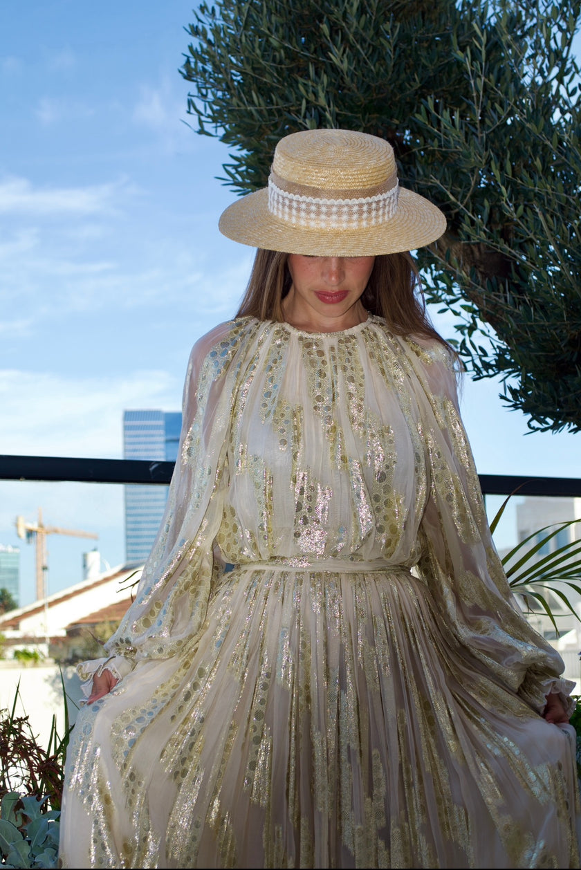 ALESSIA METALLIC-GOLD PLEATED MAXI DRESS..