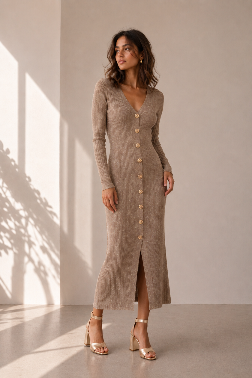 Victoria Dress – Ribbed Knit Buttoned Maxi Dress
