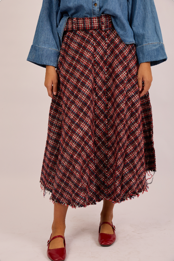 Camille Tweed Midi Skirt – Red Check
