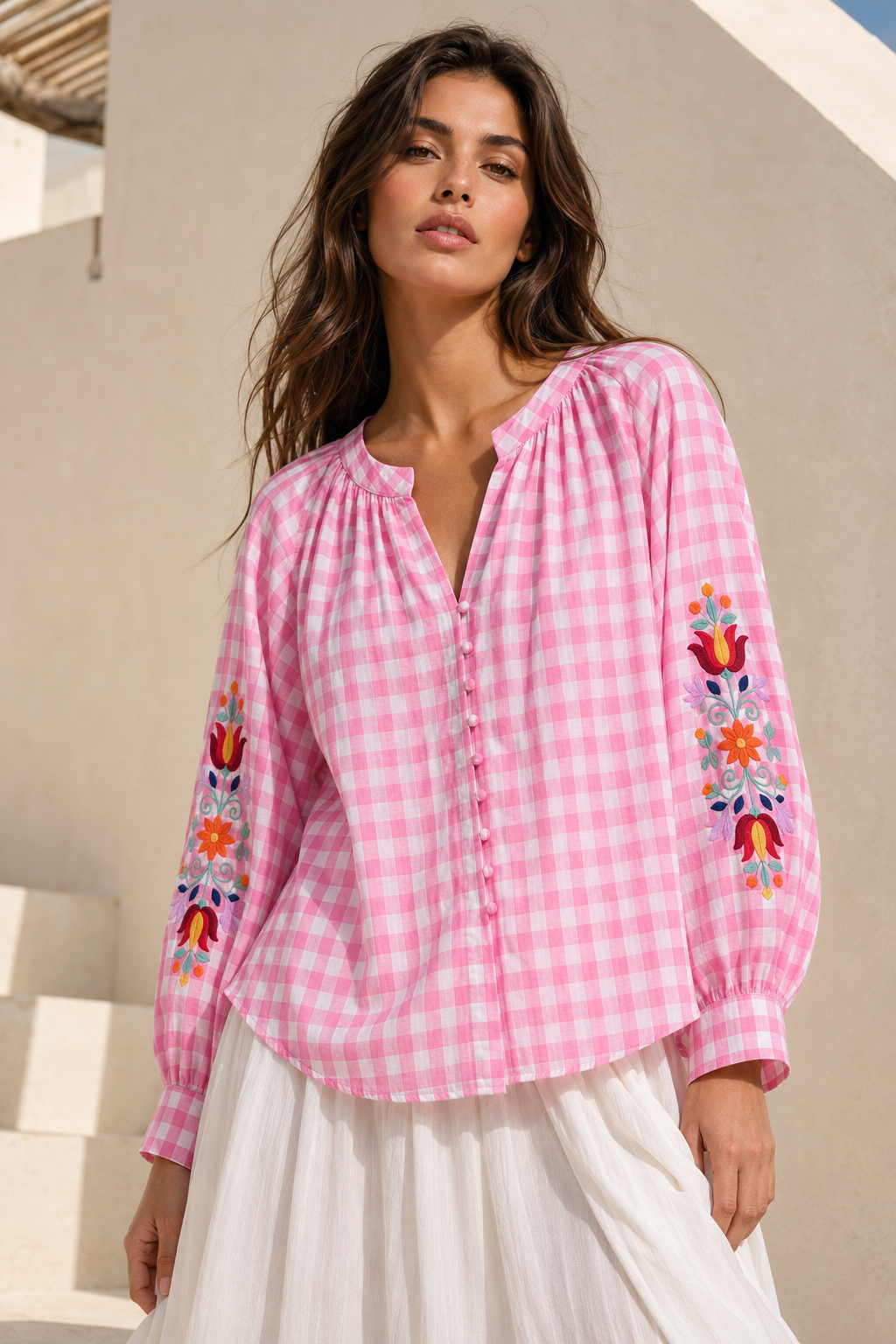 Hailey Embroidered Gingham Blouse