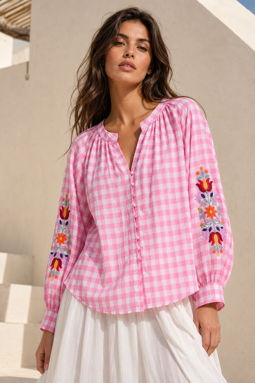 Hailey Embroidered Gingham Blouse