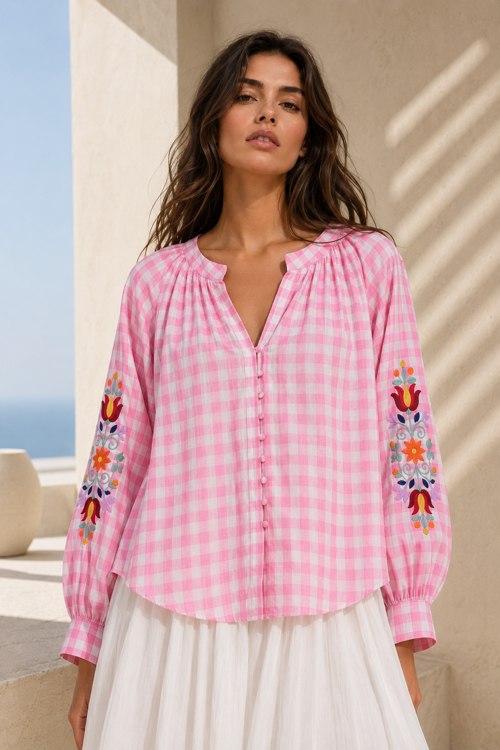 Hailey Embroidered Gingham Blouse