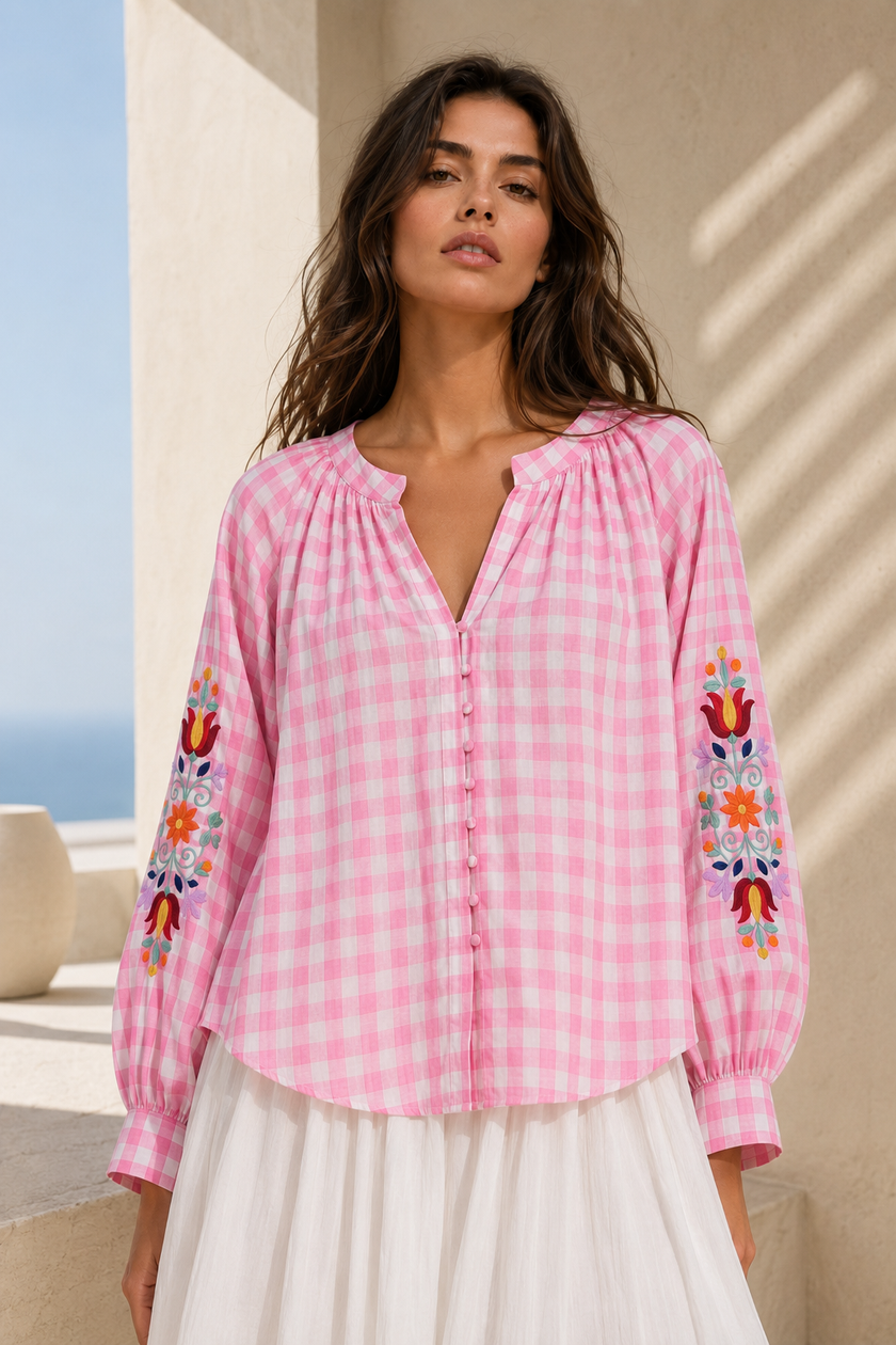 Hailey Embroidered Gingham Blouse