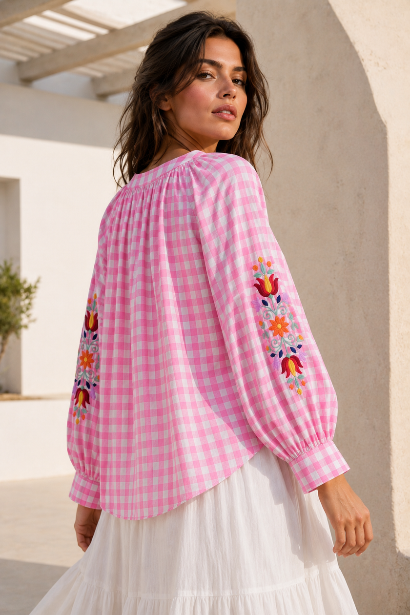 Hailey Embroidered Gingham Blouse