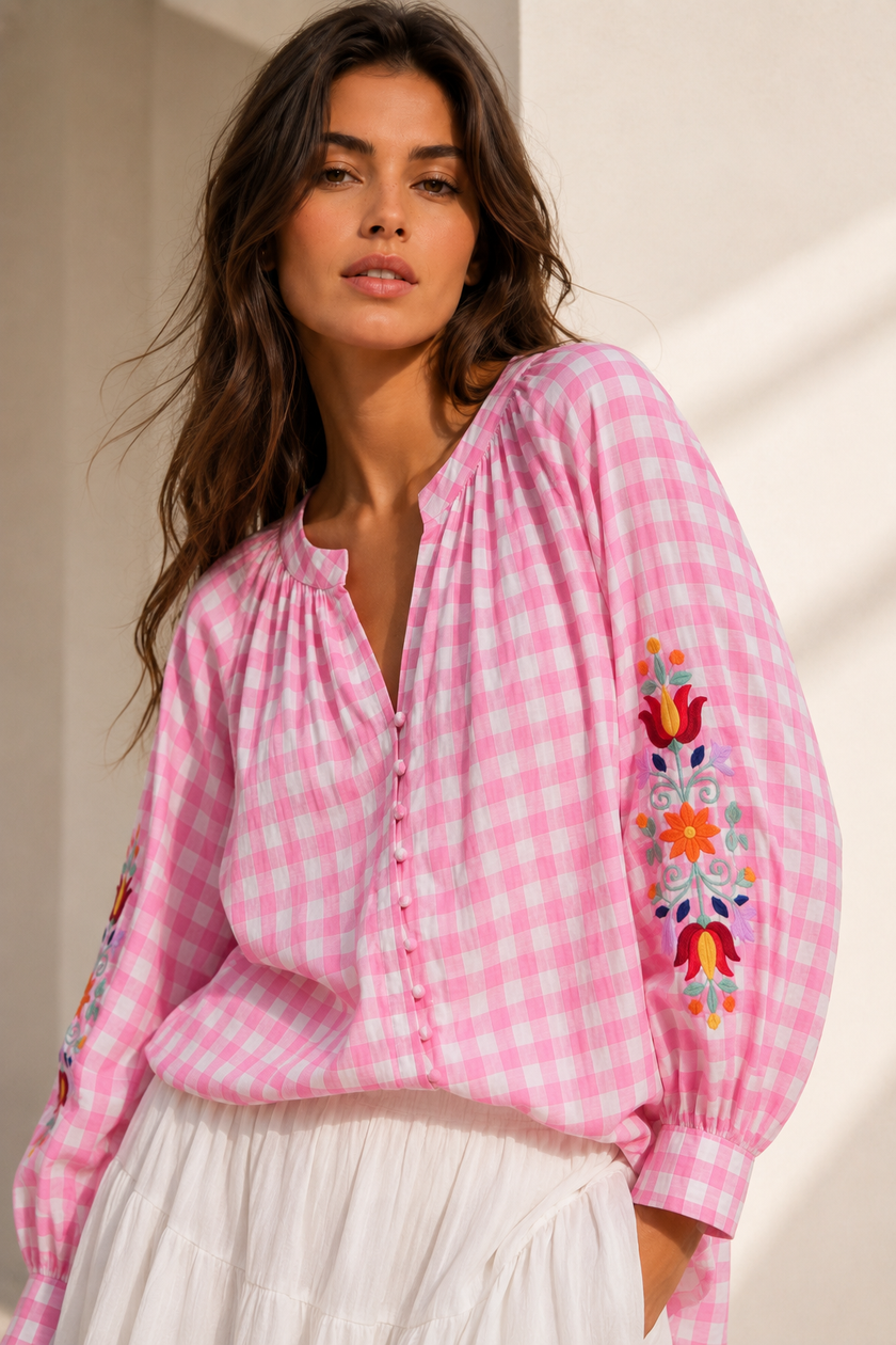 Hailey Embroidered Gingham Blouse