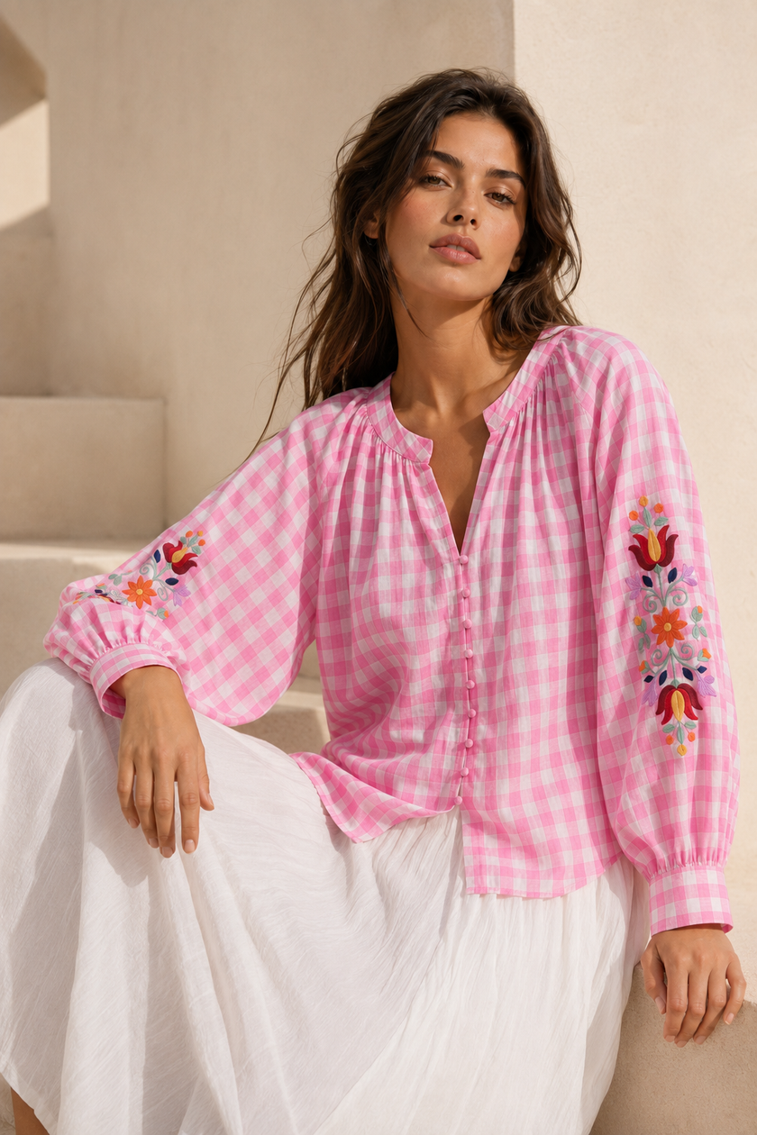 Hailey Embroidered Gingham Blouse